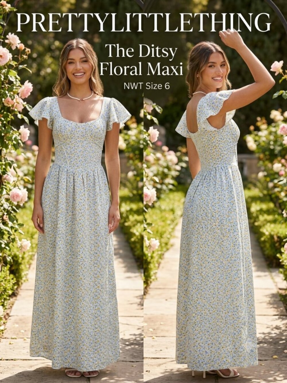 PrettyLittleThing Floral Maxi Dress Blue Yellow White Fairy Ruffled Sleeves Sz 6